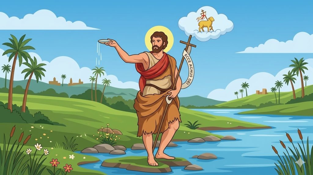 San Giovanni Battista Voce che grida nel deserto - un uomo che tiene un bastone a forma di croce vicino a un corso d'acqua una conchiglia in mano